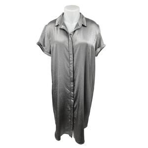 Wild Fang Gray Silver Silk Satin Short Sleeve Button Down Midi Shirt Dress Sz L